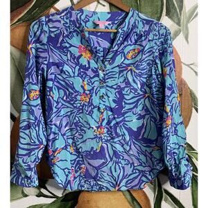 Lilly Pulitzer Del Ray Silk Blouse Mai Tai Blue XS Teal Floral Style #62367